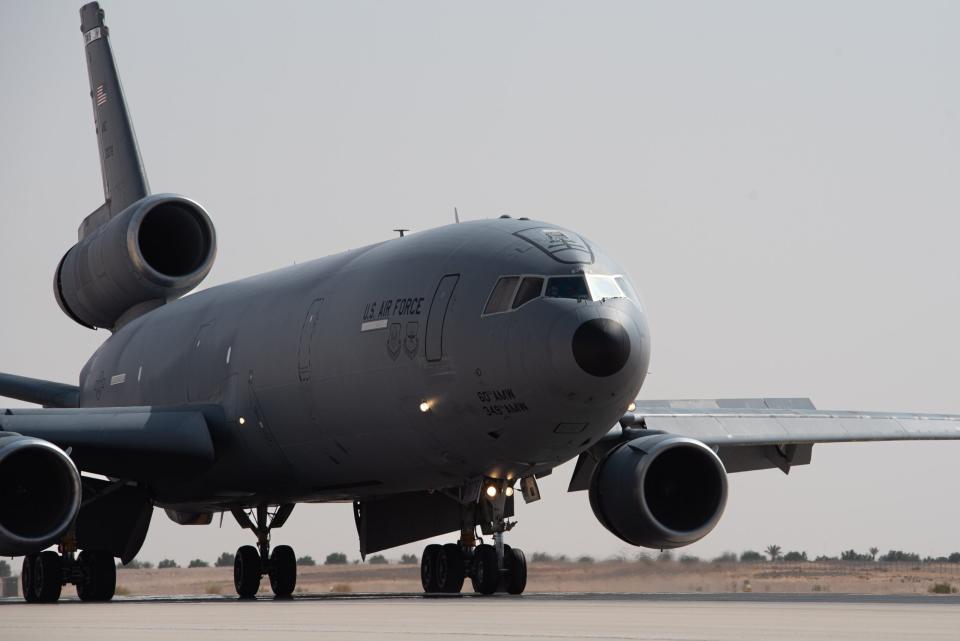 A KC-10 Extender assigned to the 908th Air Refueling Squadron at Prince Sultan Air Base, Oct. 3, 2023. <em>U.S. Air Force photo by Tech. Sgt. Alexander Frank</em>