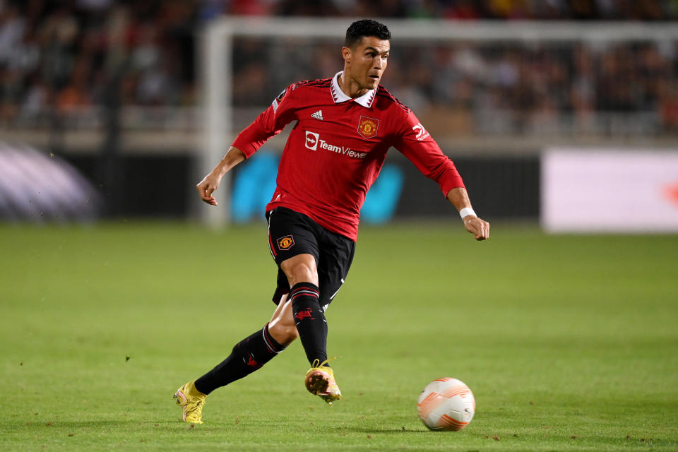NICOSIA, CYPRUS - OCTOBER 06: Cristiano Ronaldo of Manchester United runs with the ball during the UEFA Europa League group E match between Omonia Nikosia and Manchester United at GSP Stadium on October 06, 2022 in Nicosia, Cyprus. (Photo by Manchester United/Manchester United via Getty Images)