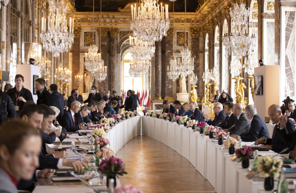 European Union leaders attend an informal EU summit at the Chateau de Versailles in Versailles, west of Paris, Friday March 11, 2022. European Union said they will continue applying pressure on Russia by devising a new set of sanctions to punish Moscow for its invasion of Ukraine while stepping up military support for Kyiv. (Ian Langsdon, Pool via AP)
