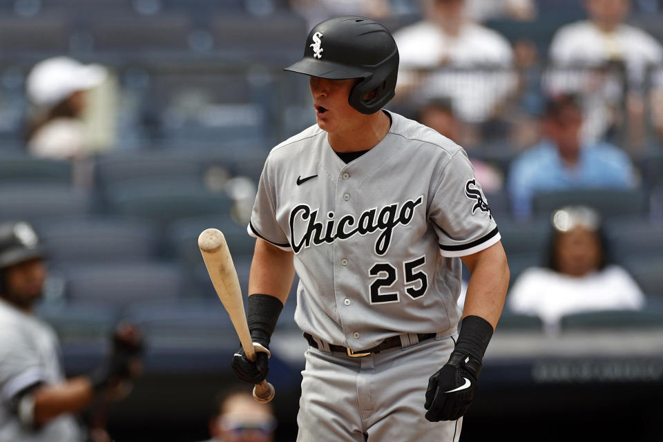 Chicago White Sox Andrew Vaughn reacts after being called out on strikes during the seventh inning of a baseball game against the New York Yankees on Saturday, May 22, 2021, in New York. (AP Photo/Adam Hunger)