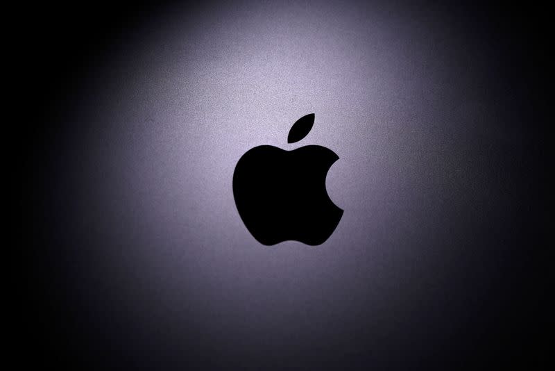 Apple logo is seen on the Macbook in this illustration taken