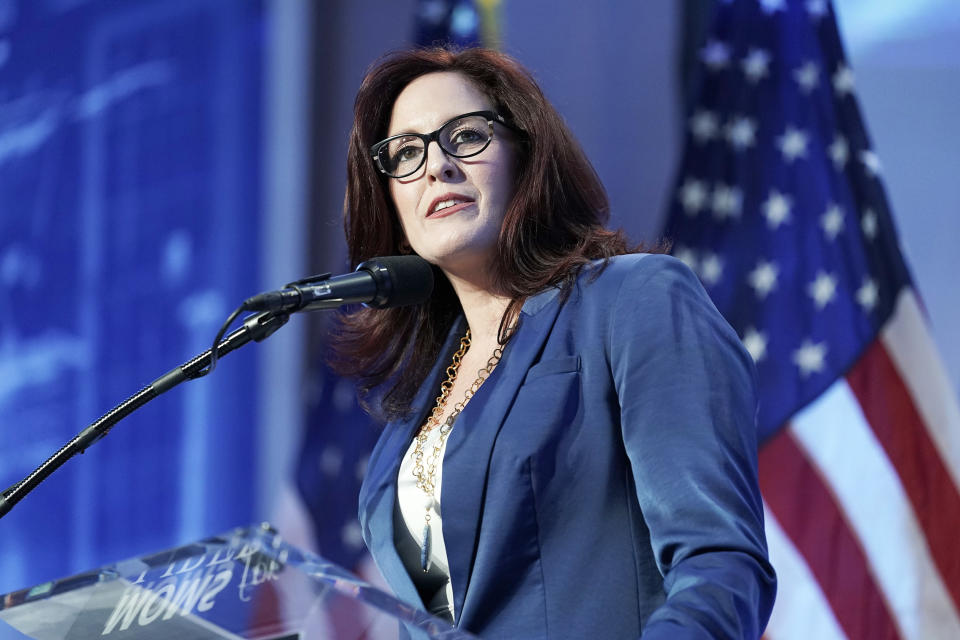 Moms for Liberty co-founder Tiffany Justice speaks at their meeting, in Philadelphia, Friday, June 30, 2023. (Matt Rourke / AP)