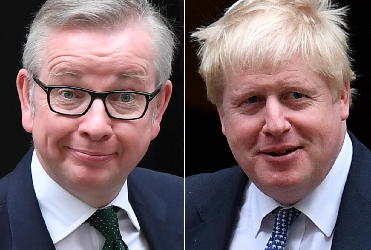 A combination of pictures created in London on May 26, 2019 shows recent pictures of declared contenders to replace Britain's Prime Minister Theresa May when she resigns on June 7: Britain's Environment, Food and Rural Affairs Secretary Michael Gove (L) and former foreign secretary Boris Johnson (R) both pictured leaving 10 Downing Street, central London. - The race to become Britain's next premier  heated up on May 26, 2019 as Environment Secretary Michael Gove joined an already crowded field of hopefuls with competing visions of how to finally pull their divided country out of the EU. Gove's bid for the leadership in the aftermath of the 2016 Brexit referendum scuppered the chances of his one-time ally Boris Johnson, who is also running this time around and is seen as the current favourite. (Photo by STF / AFP)        (Photo credit should read STF/AFP/Getty Images)