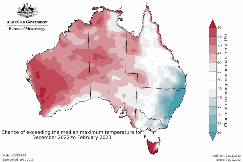 The summer outlook points to cooler daytime temperatures across parts of eastern Australia but warm to hot elsewhere. Bureau of Meteorology