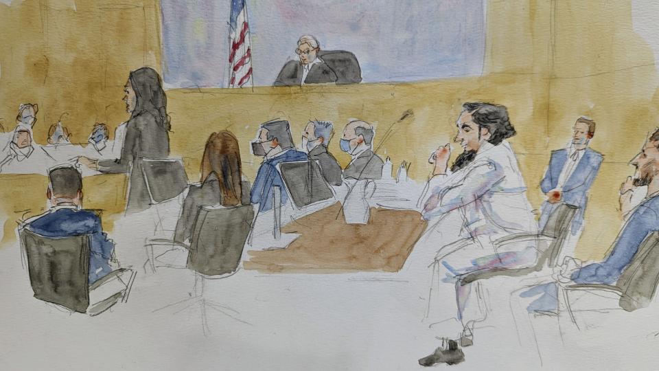 FILE - In this courtroom sketch, Ruslan Asainov appears in court, Monday, Jan. 23, 2023, in New York. Asainov, who was born in Kazakhstan and lived in Brooklyn, is charged in a five-count indictment with conspiracy to provide material support to the Islamic State. (Aggie Whelan Kenny via AP, File)