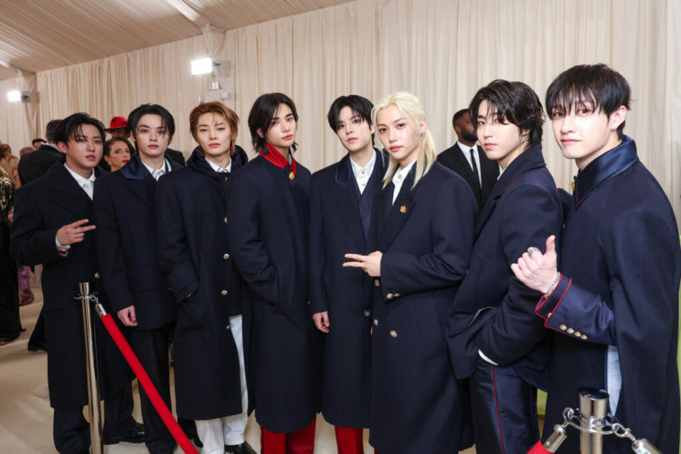 Changbin, Lee Know, I.N, Hyunjin, Seungmin, Felix, HHAN and Bang Chan of Stray Kids attends The 2024 Met Gala Celebrating (Imaged provided by Tommy Hilfiger: Photo by Mike Coppola/MG24/Getty Images for The Met Museum/Vogue)