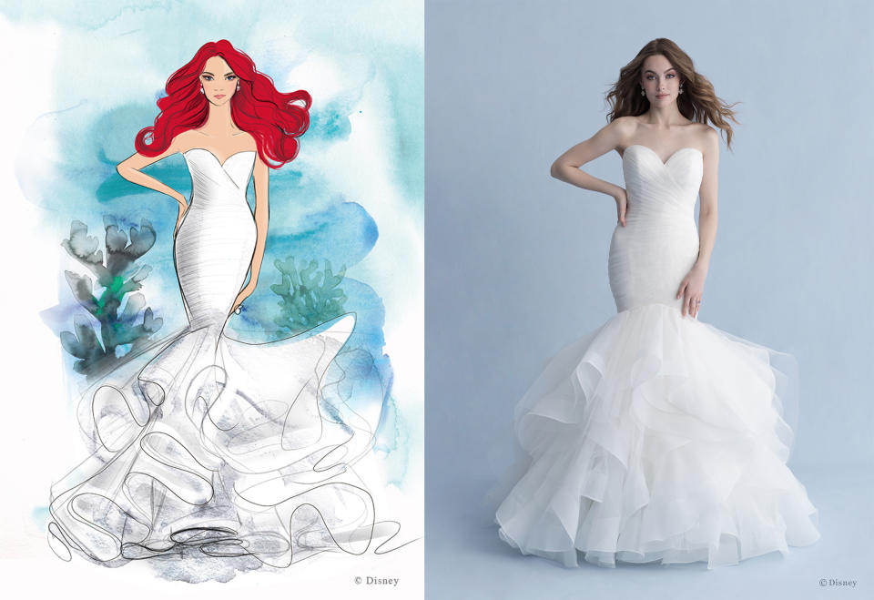 This Ariel-inspired gown features layers of tulle and organza at the bottom that pay tribute to the waves of the ocean. (Disney Fairy Tale Weddings)