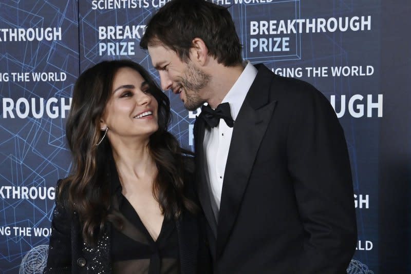 Ashton Kutcher and Mila Kunis attend the Breakthrough Prize Awards ceremony at the Academy Museum of Motion Pictures in Los Angeles in 2023. File Photo by Jim Ruymen/UPI