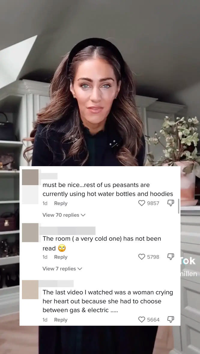 A screenshot of a well-dressed women in a walk-in closet, covered with a screenshot of negative comments over the top, including "must be nice... rest of us peasants are currently using hot water bottles and hoodies"