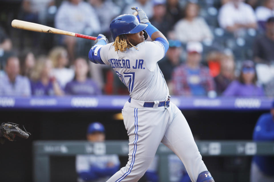 Toronto Blue Jays' Vladimir Guerrero Jr. grounds out against the Colorado Rockies in the first inning of a baseball game Saturday, June 1, 2019, in Denver. (AP Photo/David Zalubowski)