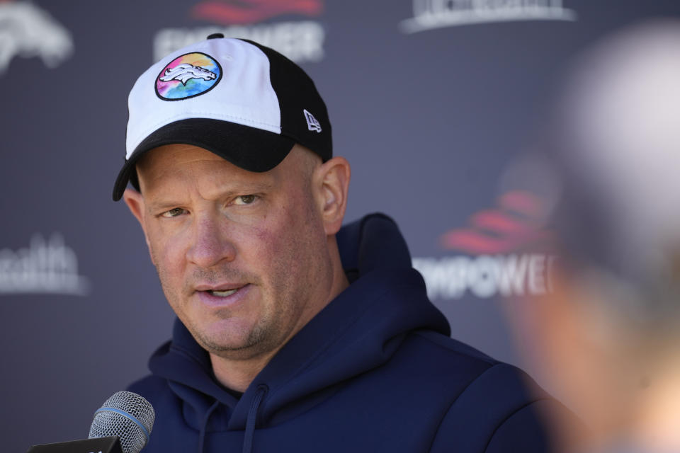 Denver Broncos head coach Nathaniel Hackett responds to questions during a news conference before a closed practice at the NFL football team's headquarters Wednesday, Oct. 19, 2022, in Centennial, Colo. (AP Photo/David Zalubowski)