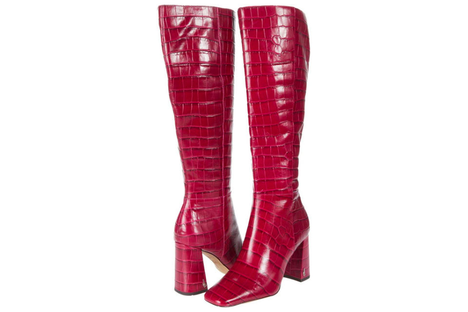 red boots, knee high, heeled, sam edelman