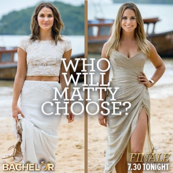 Who will Matty J choose as the winner of The Bachelorette? Laura (L) stuns in white tonight, while Elise (L) dazzles in gold, and if previous years' fashion trends are examined, the one in a lighter colour always wins. Source: Channel Ten