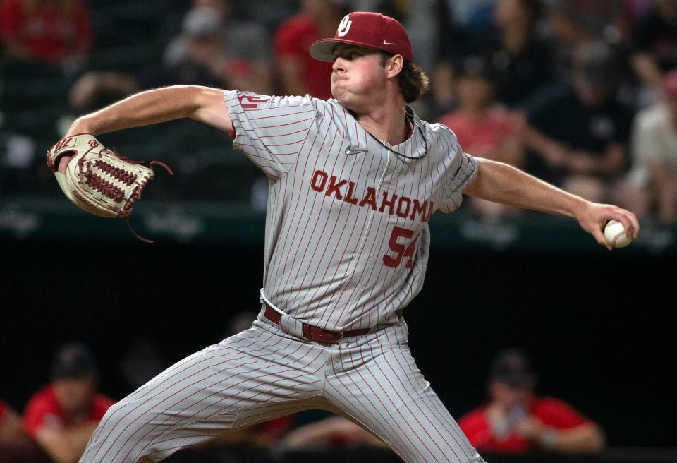 OU pitcher Jake Bennett had a career-high 12 strikeouts in a 6-3 win against Texas Tech in the Big 12 baseball tournament Thursday night at Globe Life Field in Arlington, Texas.