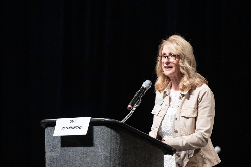 Sue Pannunzio speaks as a candidate for the District 60 school board during the 2023 Greater Pueblo Chamber of Commerce candidate debates at Memorial Hall on Thursday, October 5, 2023.