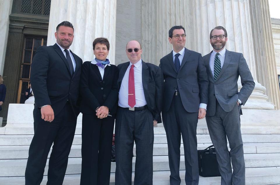 Brian Coughlin’s legal team standing on the steps of the US Supreme Court on the morning of April 24, 2023. From left: Brian Coughlin, Terrie Harman, Richard Gottlieb, Gregory Rapawy, and Matthew Drecun (an associate from Rapawy’s firm).