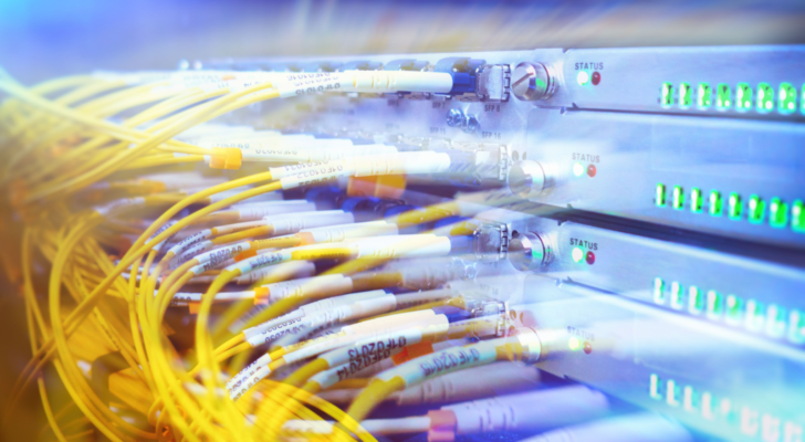 Rack Mounted Servers In A Server Room, Server rack audio cable. Severs computer in a rack at the large data center. Fiber Optical connector interface for Cards Equipment DWDM telecommunications. KLR stock