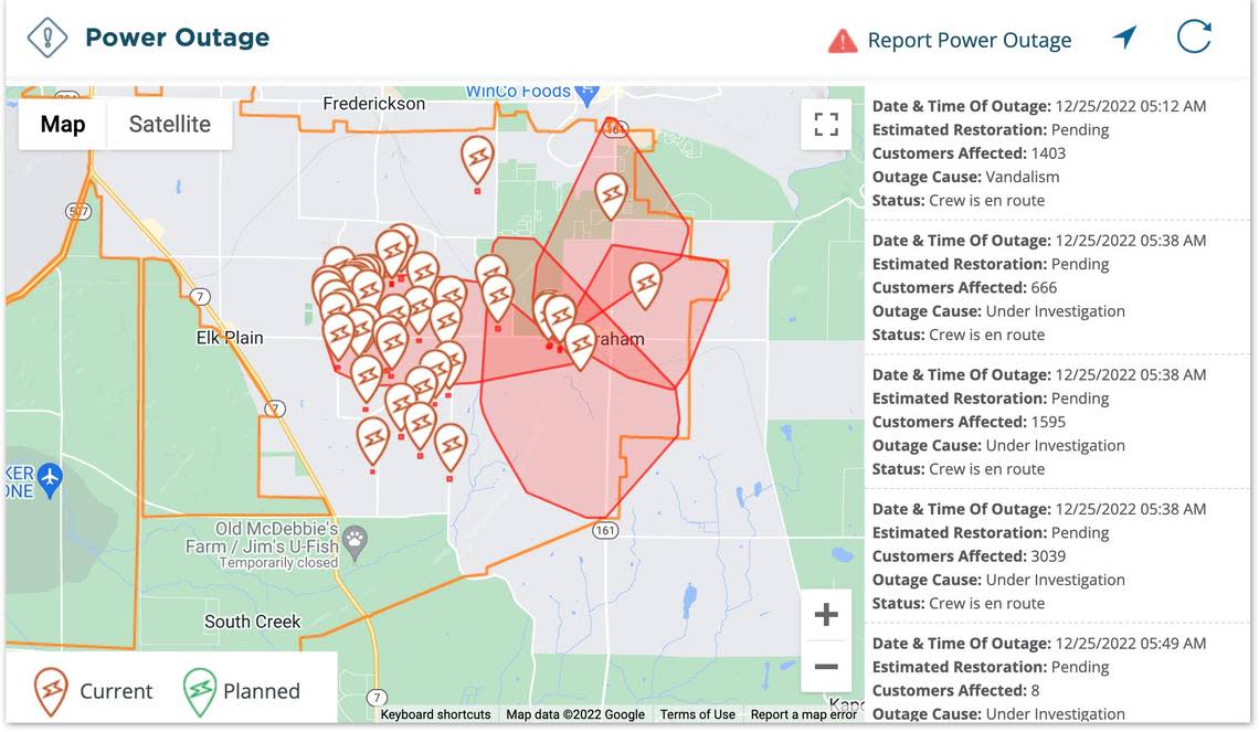 A Tacoma Public Utilities outage map from Dec. 25, 2022 shows areas where power was out following a reported attack on two substations.