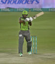 Lahore Qalandars' Fakhar Zaman plays a shot during a Pakistan Super League T20 cricket match between Karachi Kings and Lahore Qalandars at the National Stadium, in Karachi, Pakistan, Sunday, Feb. 28, 2021. (AP Photo/Fareed Khan)