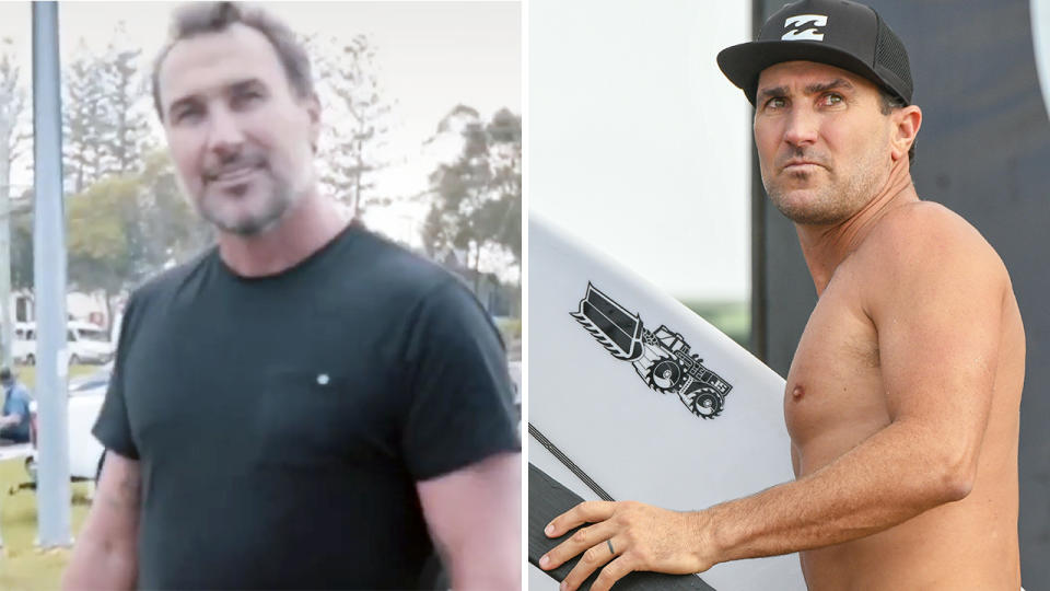 Australian surfing great Joel Parkinson was filmed confronting a group of YouTubers who were sliding down a muddy, cordoned off hill on the Gold Coast in the wake of damaging storms last week. Pictures: Instagram/Getty Images