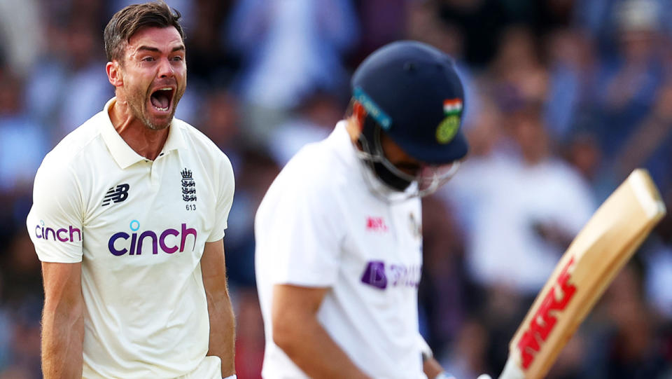 Jimmy Anderson, pictured here celebrating after taking the wicket of Virat Kohli. 