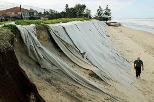 Felt sheeting is seen draped over sandhills to help slow the progress of erosion in front of the Meridien holiday apartments at Old Bar Beach at the coastal town of Old Bar in Australia's New South Wales state. Old Bar is the most rapidly eroding and at-risk piece of coast in populous New South Wales state, losing an average one metre of seafront every year