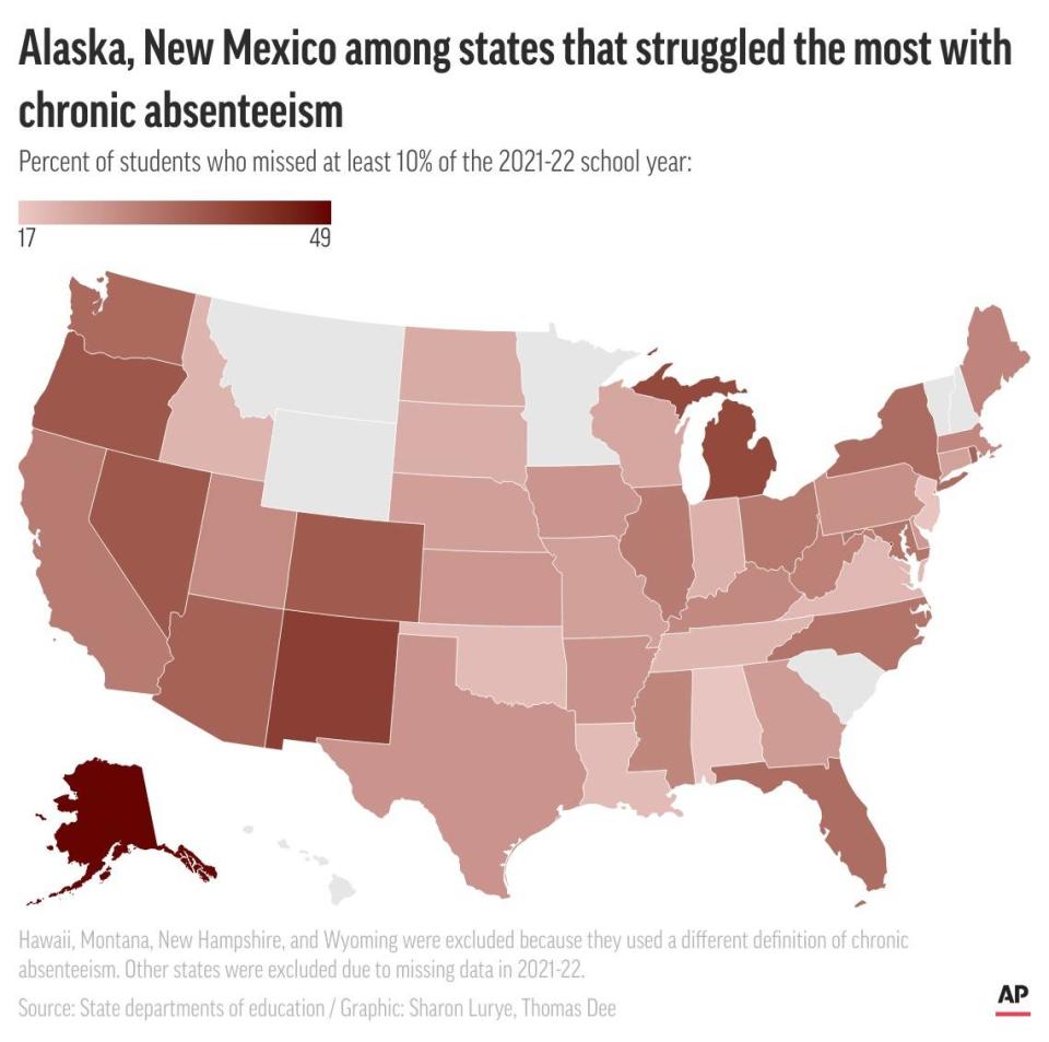 Map showing state-by-state rates of chronically absent students in the 2021-22 school year. Associated Press