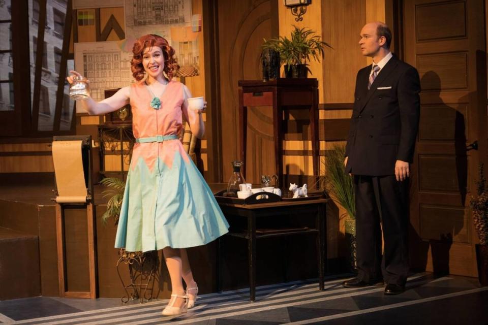 An architecture firm gets involved with the mob in Harlequin Productions’ ”Building Madness,” with Emma Brown Baker and Nathan Rice.