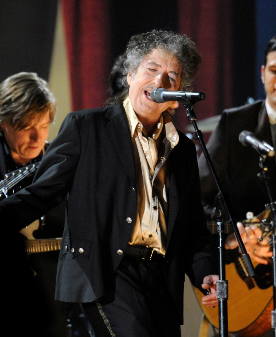 Bob Dylan performs onstage at the 2011 Grammy Awards at the Staples Center in Los Angeles on Feb. 11, 2011.