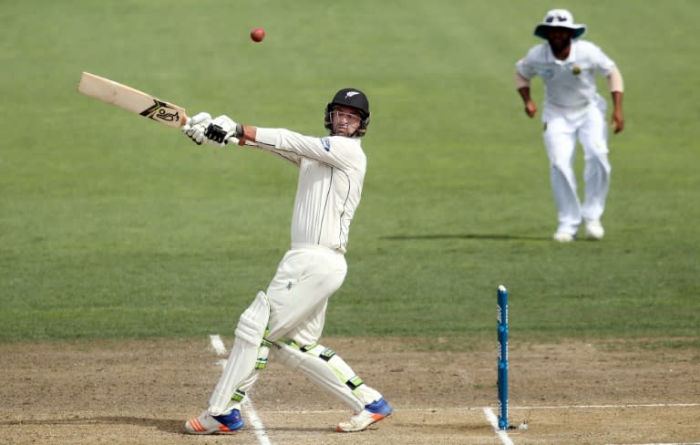 Colin de Grandhomme of New Zealand bats on day four of their third Test match against South Africa, at Seddon Park in Hamilton, on March 28, 2017