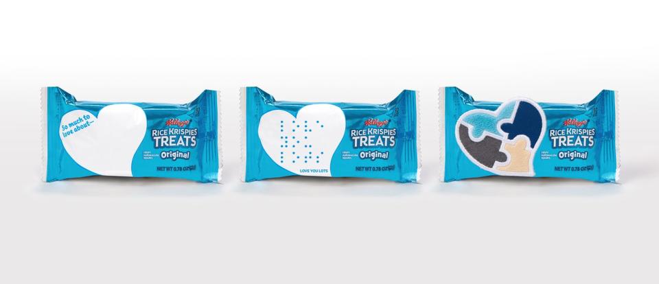 Trio of Rice Krispies Love Notes with original, braille, and sensory-friendly packages