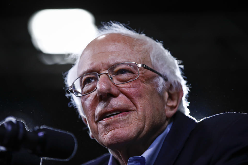 Democratic presidential candidate Sen. Bernie Sanders, I-Vt., speaks during a primary night election rally in Essex Junction, Vt., Tuesday, March 3, 2020. (AP Photo/Matt Rourke)