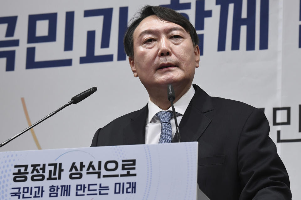 Yoon Suk Yeol speaks to declare his bid for presidency at a memorial dedicated to the noble sacrifice of independence fighter Yun Bong-gil Tuesday, June 29, 2021 in Seoul, South Korea. Yoon, a former prosecutor-general who tops surveys on the preferred future South Korean leader, formally launched his bid to run for next year’s presidential election, vowing Tuesday to unseat the current liberal government that he had worked for. (Kim Min-Hee/Pool Photo via AP)