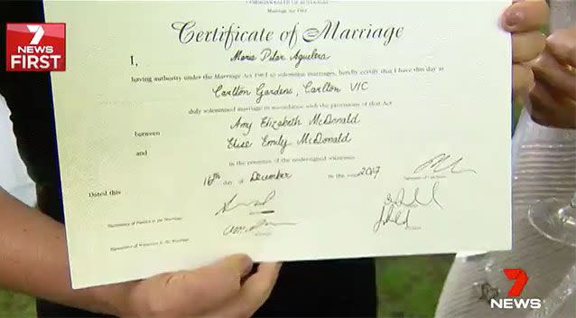 The newly weds got marriage certificates with the word 'groom' erased. Source: 7 News