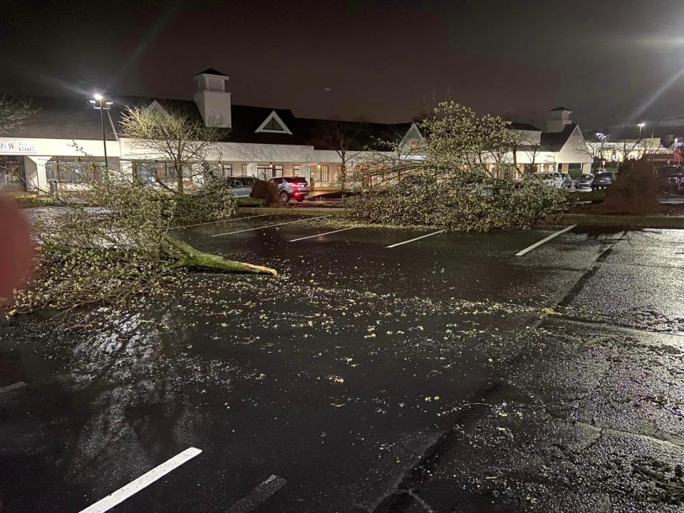 A tornado damaged cars and blew down trees outside the Harvest Seasonal Grill at the Village at Newtown on Saturday night. The National Weather Service confirmed an EF1 tornado blew cut a four mile path through Newtown Township and Borough on Saturday evening