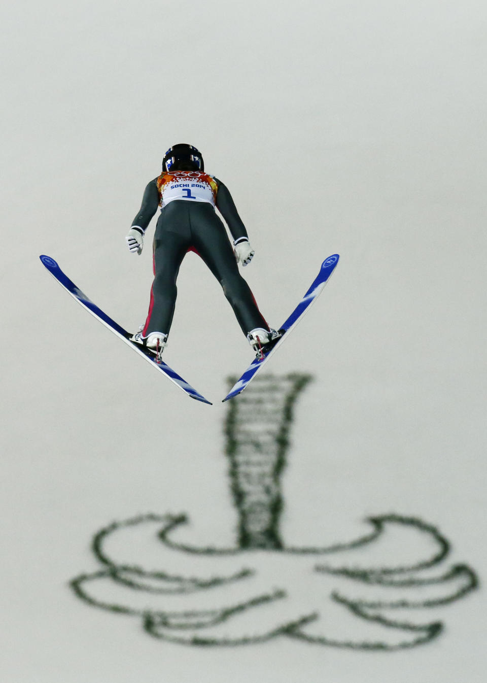 United States' Sarah Hendrickson makes the first attempt during the women's normal hill ski jumping final at the 2014 Winter Olympics, Tuesday, Feb. 11, 2014, in Krasnaya Polyana, Russia. (AP Photo/Dmitry Lovetsky)