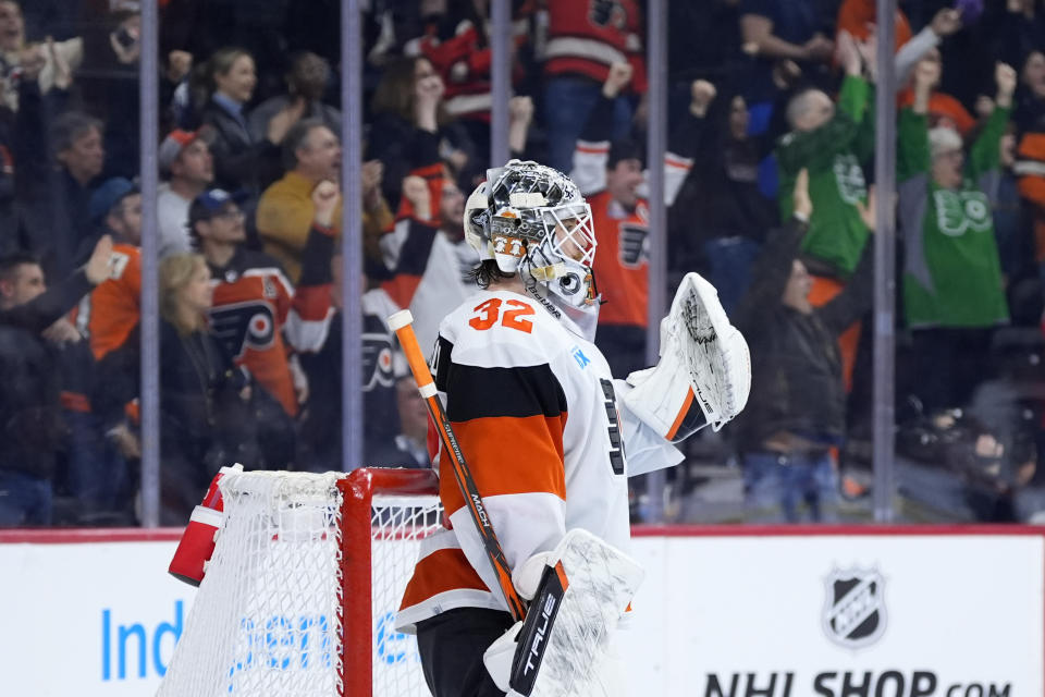 Philadelphia Flyers' Felix Sandstrom reacts after a goal by Cam York during the third period of an NHL hockey game against the Ottawa Senators, Saturday, March 2, 2024, in Philadelphia. (AP Photo/Matt Slocum)
