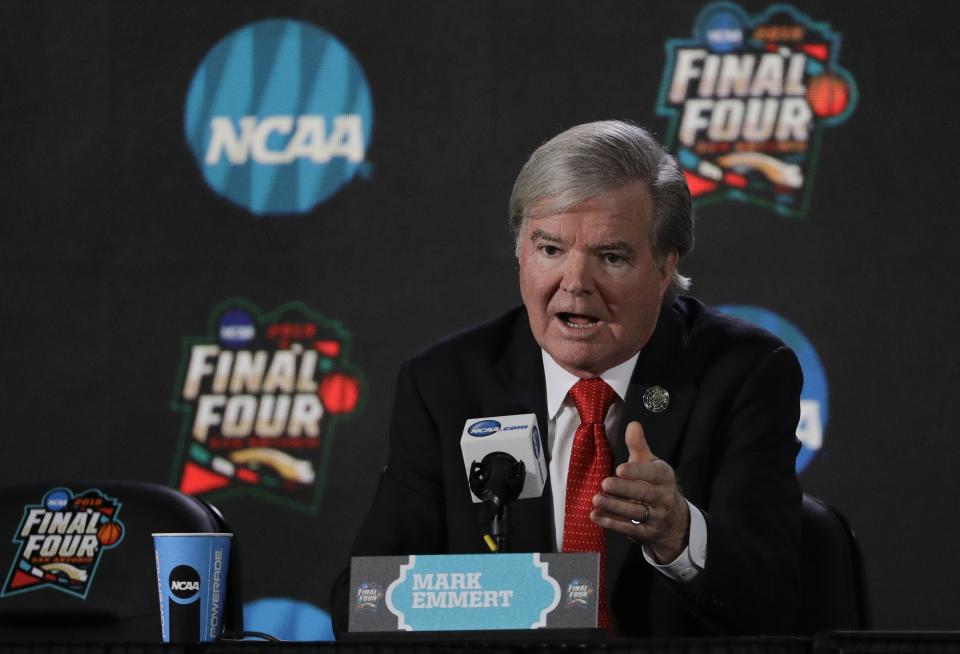 NCAA President Mark Emmert speaks during a news conference at the Final Four NCAA college basketball tournament, Thursday, March 29, 2018, in San Antonio. (AP Photo/David J. Phillip)