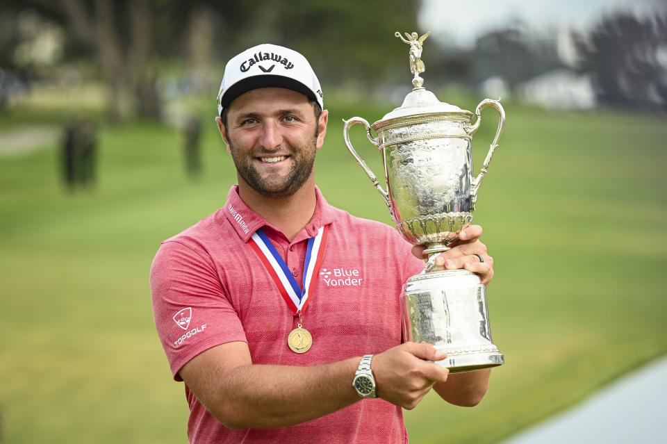 SAN DIEGO, CA - JUNE 20:  Jon Rahm of Spain smiles with the trophy following his one stroke victory in the final round of the 121st U.S. Open on the South Course at Torrey Pines Golf Course on June 20, 2021 in La Jolla, San Diego, California. (Photo by Keyur Khamar/PGA TOUR via Getty Images)