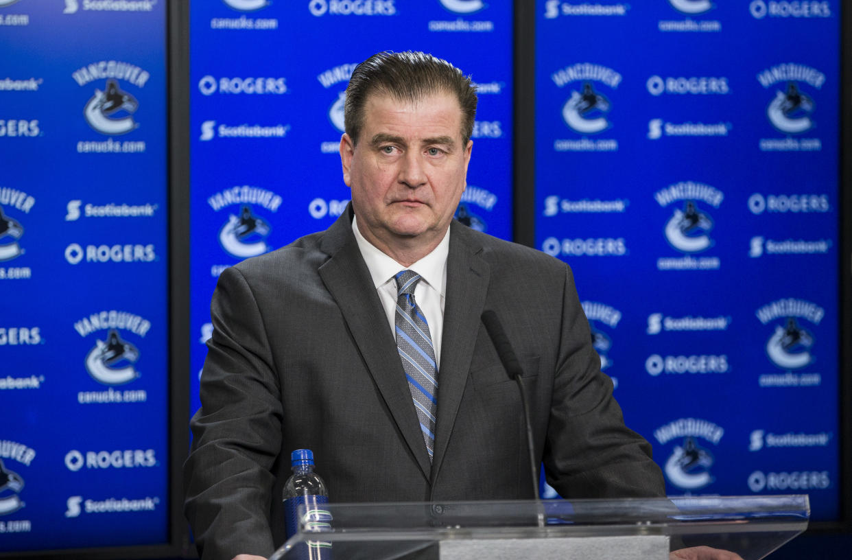 VANCOUVER, BC - FEBRUARY 28: Vancouver Canucks General Manager Jim Benning speaks to the media after a game between against the Vancouver Canucks and Detroit Red Wings.  Benning was discussing the recent trades of Vancouver Canucks Left Wing Alexandre Burrows (14) and Vancouver Canucks Right Wing Jannik Hansen (36). February 28, 2017, at Rogers Arena in Vancouver, BC. (Photo by Bob Frid/Icon Sportswire via Getty Images)
