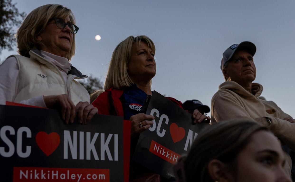 Supporters listen to Republican presidential hopeful Nikki Haley speak at a campaign event in Beaufort, S.C., on Feb. 21, 2024. <a href="https://www.gettyimages.com/detail/news-photo/supporters-listen-to-us-republican-presidential-hopeful-and-news-photo/2021281681?adppopup=true" rel="nofollow noopener" target="_blank" data-ylk="slk:Julia Nikhinson /AFP via Getty Images;elm:context_link;itc:0;sec:content-canvas" class="link ">Julia Nikhinson /AFP via Getty Images</a>