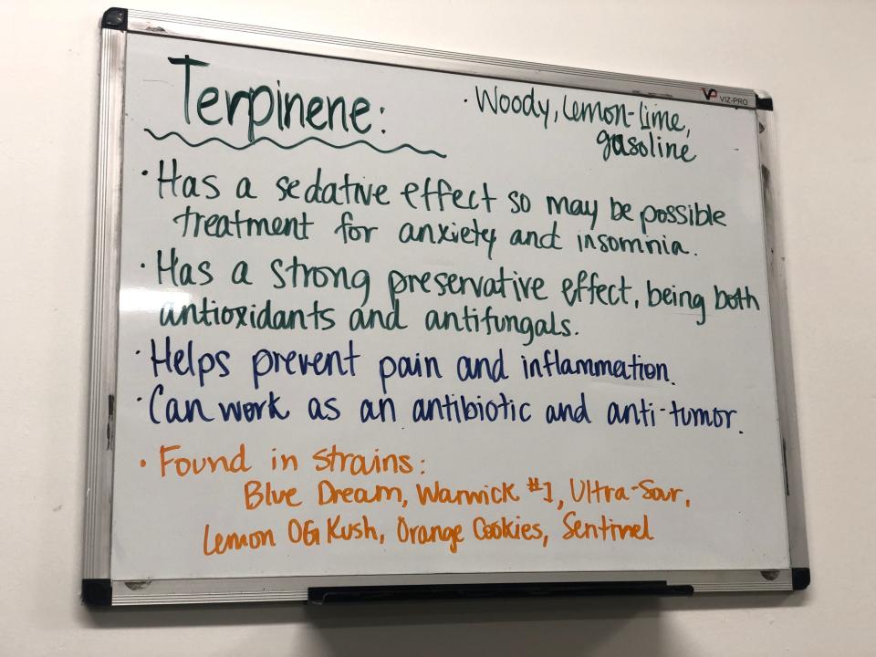 A white board in the back of Buds Goods Provisions offers details about a cannabis terpene.