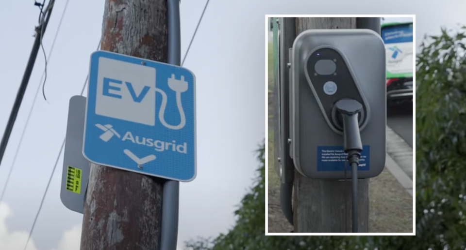 A new EV charger station, mounted directly onto a power pole in Sydney. 