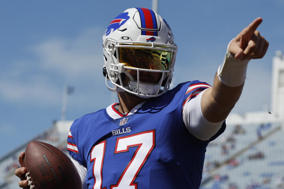 Bills quarterback Josh Allen is looking to take down the Super Bowl champs at home in Thursday's NFL season opener. (AP Photo/Jeffrey T. Barnes)