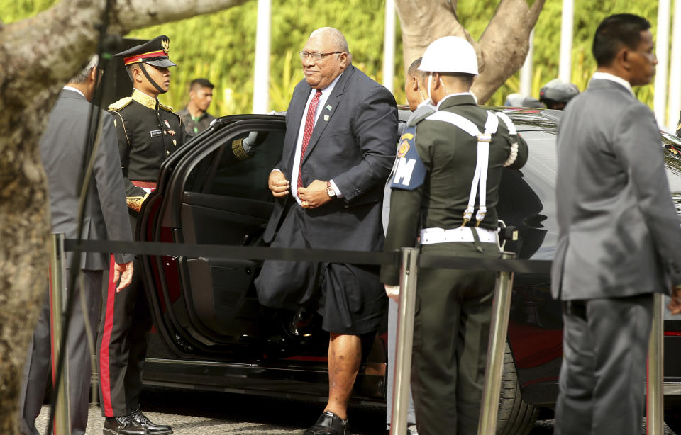 Fijian President Wiliame Katonivere, center, walks upon his arrival of the 10th World Water Forum in Nusa Dua, Bali, Indonesia on Monday, May 20, 2024. (AP Photo/Firdia Lisnawati)