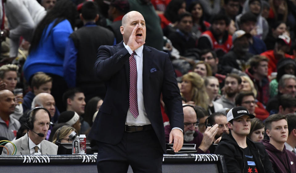 The Bulls gave head coach Jim Boylen a raise and extension through the 2019-20 season despite the team going 5-13 under his watch. (AP Photo/Matt Marton)