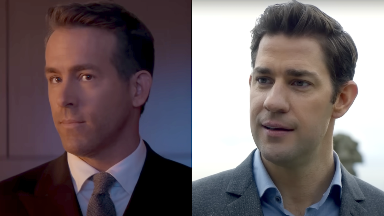  Ryan Reynolds in Spirited/John Krasinski in Jack Ryan (side by side). 