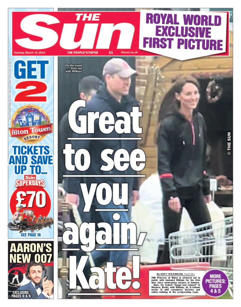 The Sun’s front page on Tuesday, showing Kate and William walking at a farm shop in WIndsor over the weekend. The Sun