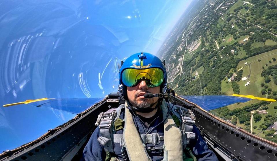 Erik Erazo, the executive Director of Student & Community Engagement with Olathe School District, flies with the U.S. Navy Blue Angels on Wednesday, Aug. 16, 2023, after taking off from the New Century Air Center in Gardner, Kansas. Erazo was selected as the Key Influencer for the 2023 Garmin KC Air Show, which honored him with a flight in an F/A 18 Super Hornet. Erazo has created programs — like his lowrider bike club — that have transformed the lives of dozens of students, while helping to reshape the community they live in. U.S. Navy photo