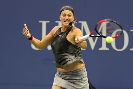 Sep 3, 2017; New York, NY, USA; Petra Kvitova of the Czech Republic hits a forehand against Garbine Muguruza of Spain (not pictured) on day seven of the U.S. Open tennis tournament at USTA Billie Jean King National Tennis Center. Mandatory Credit: Geoff Burke-USA TODAY Sports